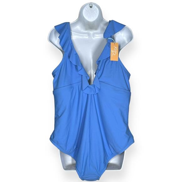 KONA SOL One Piece Bikini Ruched Ruffle Swim V-Neck Full Coverage Blue 22 - Picture 6 of 13